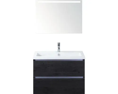 Badmöbel-Set Sanox Vogue Keramik 170x81x41 cm Keramikwaschbecken black oak mit LED-Beleuchtung