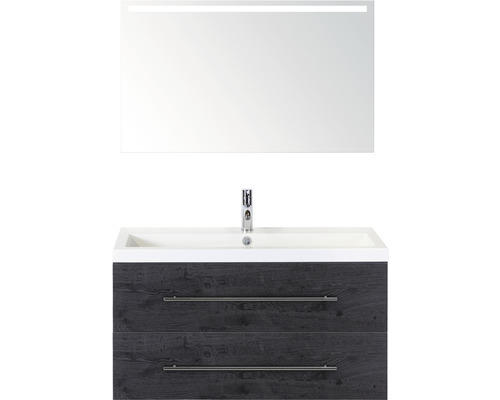 Badmöbel-Set Sanox Straight Mineralguss 100x170x40 cm Mineralgusswaschbecken black oak mit LED-Beleuchtung