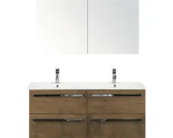 Badmöbel-Set Sanox Seville Keramik 170x121x46 cm Doppel-Keramikwaschbecken tabacco mit Spiegelschrank