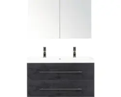 Badmöbel-Set Sanox Straight Mineralguss 100x170x40 cm Doppel-Mineralgusswaschbecken black oak mit Spiegelschrank
