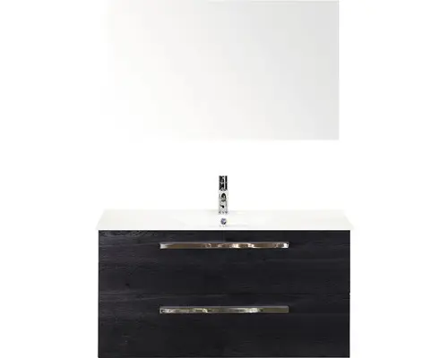 Badmöbel-Set Sanox Seville Keramik 170x101x46 cm Keramikwaschbecken black oak mit Spiegel