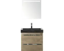 Badmöbel-Set Sanox Seville Naturstein 170x61x45,5 cm Natursteinwaschbecken eiche natur mit LED-Beleuchtung