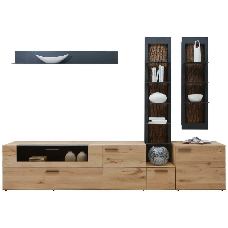 Wohnwand 298/214/49 cm in Anthrazit, Eichefarben