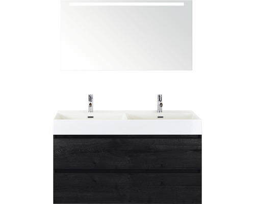 Badmöbel-Set Sanox Maxx XL Keramik 183x121x45,5 cm Doppel-Keramikwaschbecken 2 Becken black oak mit LED-Beleuchtung