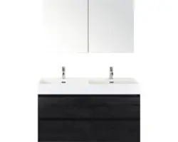 Badmöbel-Set Sanox Maxx XL Keramik 170x101x45,5 cm Doppel-Keramikwaschbecken 2 Becken black oak mit Spiegelschrank