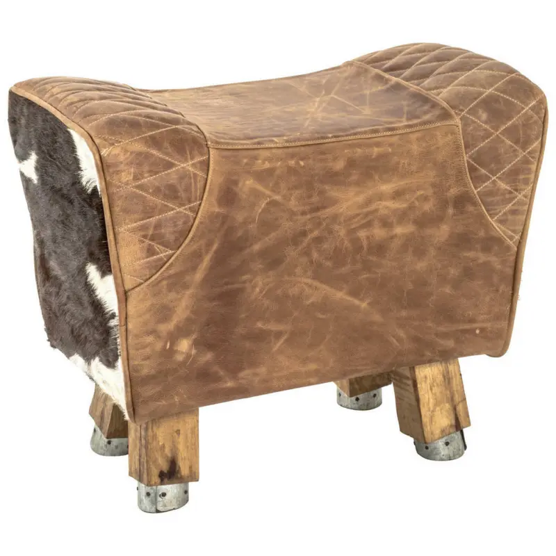 Hocker in Holz, Textil, Leder Braun, Weiß, Dunkelbraun