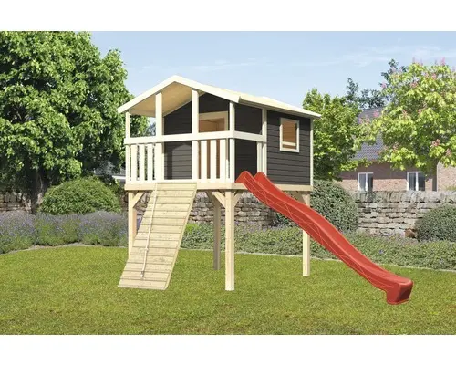 Karibu Stelzenhaus Benjamin Fichte terragrau inkl. Holzrampe und Rutsche 3m rot