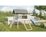 Hornbach Karibu Stelzenhaus Fidel Fichte terragrau inkl. Wellenrutsche 3m blau und Netzrampe