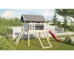 Hornbach Karibu Stelzenhaus Fidel Fichte terragrau inkl. Wellenrutsche 3m rot und Netzrampe