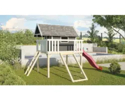 Karibu Stelzenhaus Fidel Fichte terragrau inkl. Wellenrutsche 3m rot und Netzrampe