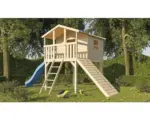 Hornbach Karibu Stelzenhaus "Benjamin" SET aus nordischer Fichte, naturbelassen mit Holzrampe, Rutsche 3m blau