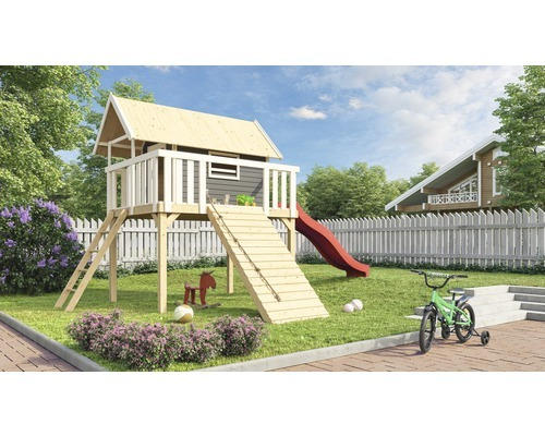 Karibu Stelzenhaus "Fidel" SET aus nordischer Fichte, terragrau mit Wellenrutsche 3m rot, Holzrampe