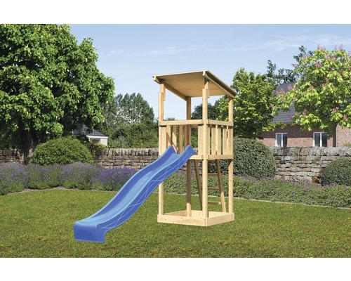 Karibu Spielturm "Pultdach Anna" SET aus nordischer Fichte, naturbelassen mit Rutsche blau