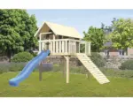 Hornbach Karibu Stelzenhaus "Fidel" SET aus nordischer Fichte, terragrau mit Wellenrutsche 3m blau, Holzrampe