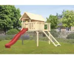 Hornbach Karibu Stelzenhaus "Fidel" SET aus nordischer Fichte, naturbelassen mit Wellenrutsche 3m rot, Netzrampe