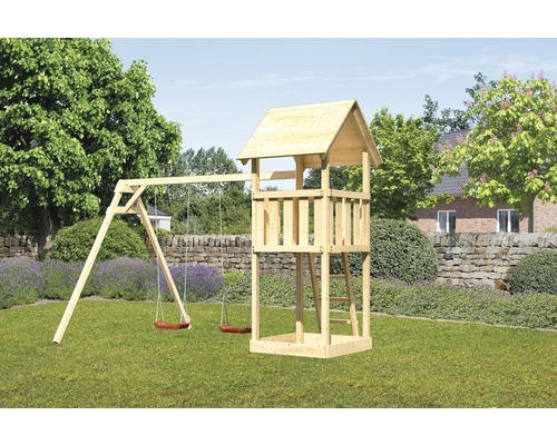 Karibu Kinderspielturm "Lotti" SET aus nordischer Fichte, naturbelassen mit Schaukelanbau Doppel