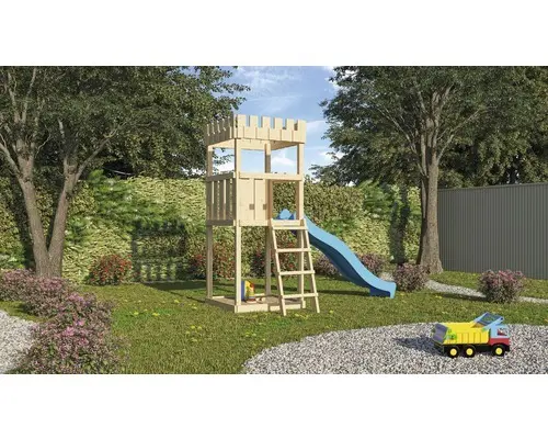Karibu Spielturm "Ritterburg Löwenherz" SET aus nordischer Fichte, naturbelassen mit Rutsche blau