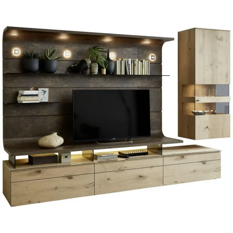 Wohnwand 325/198/56 cm in Eichefarben, Rostfarben