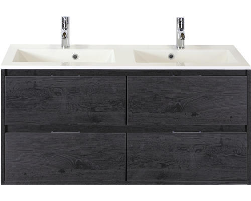 Waschbeckenunterschrank Sanox Porto Mineralguss 75x120x50 cm mit Doppel-Mineralgusswaschbecken 4 Schubladen black oak