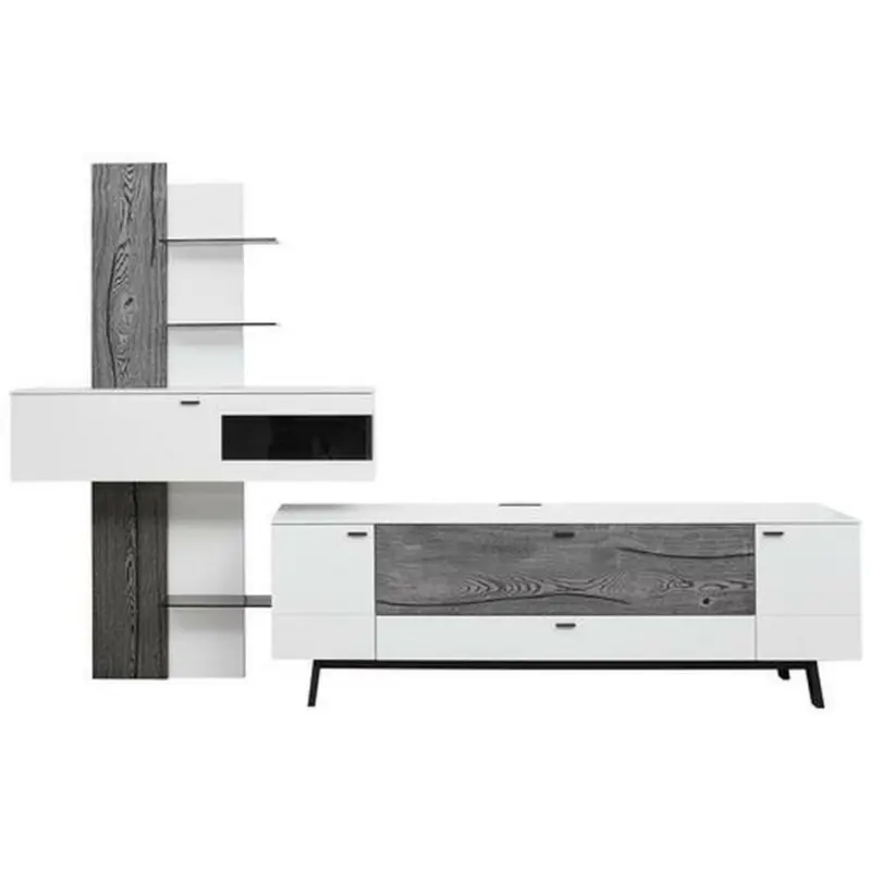 Wohnwand 333,1/223,2/49,2 cm in Grau, Weiß, Eichefarben