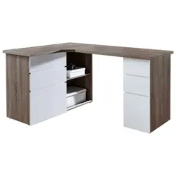 Eckschreibtisch 101,5/145/76,60 cm in Eichefarben, Weiß Hochglanz