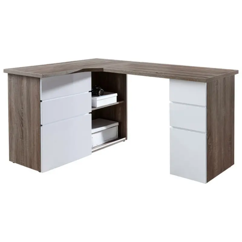 Eckschreibtisch 101,5/145/76,60 cm in Eichefarben, Weiß Hochglanz