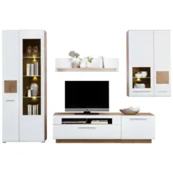 Wohnwand 300/202/46 cm in Weiß, Eichefarben