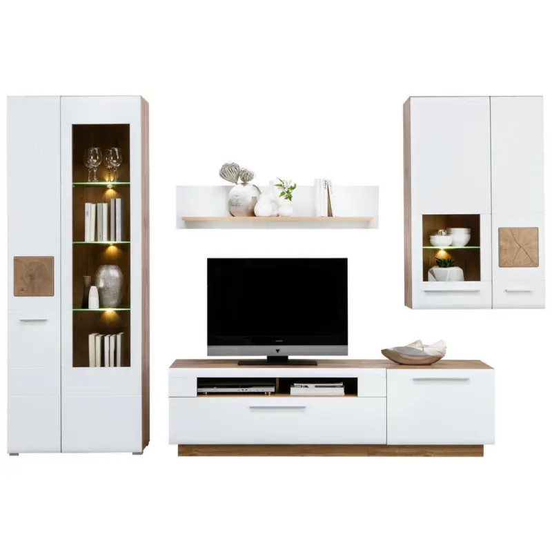 Wohnwand 300/202/46 cm in Weiß, Eichefarben