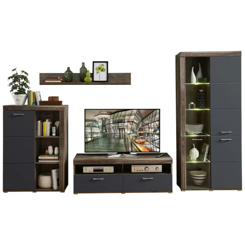 Wohnwand 344/202/48 cm in Braun, Graphitfarben