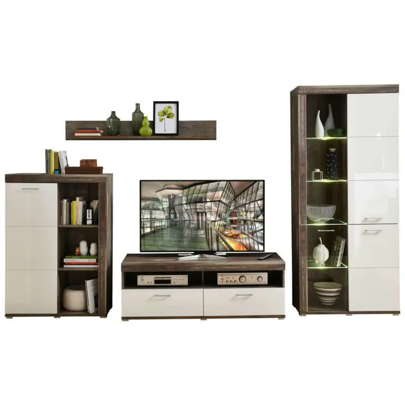 Wohnwand 344/202/48 cm in Braun, Weiß