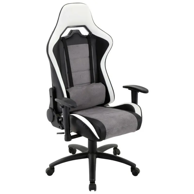 Gamingstuhl in Lederlook, Mikrofaser Grau, Schwarz, Weiß