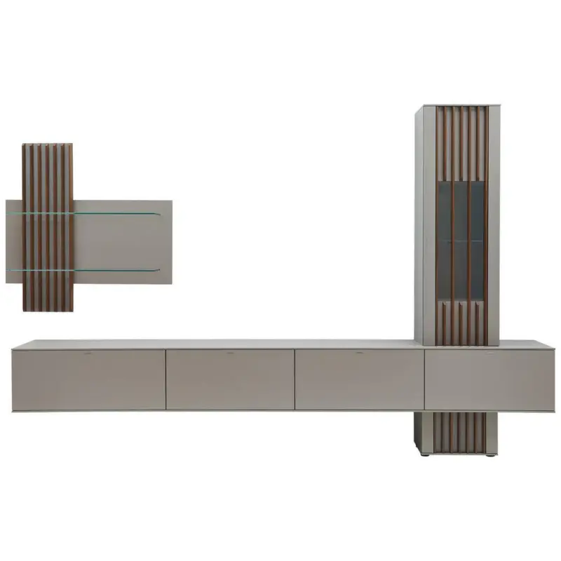 Wohnwand in Grau, Nussbaumfarben