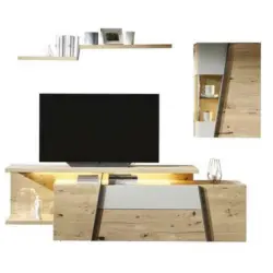 Wohnwand 256/202/57,3 cm in Eichefarben, Hellgrau