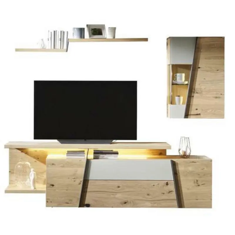 Wohnwand 256/202/57,3 cm in Eichefarben, Hellgrau