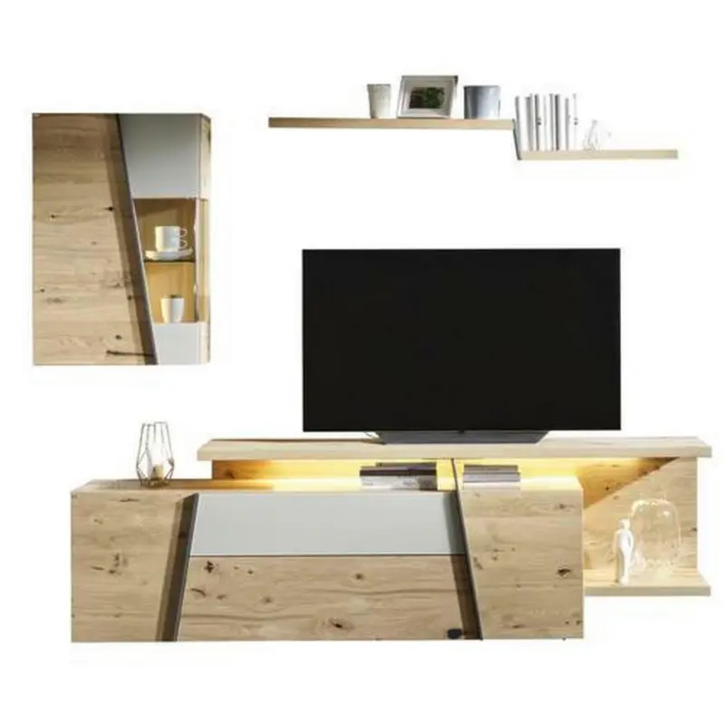 Wohnwand 256/202/55,2 cm in Eichefarben, Hellgrau