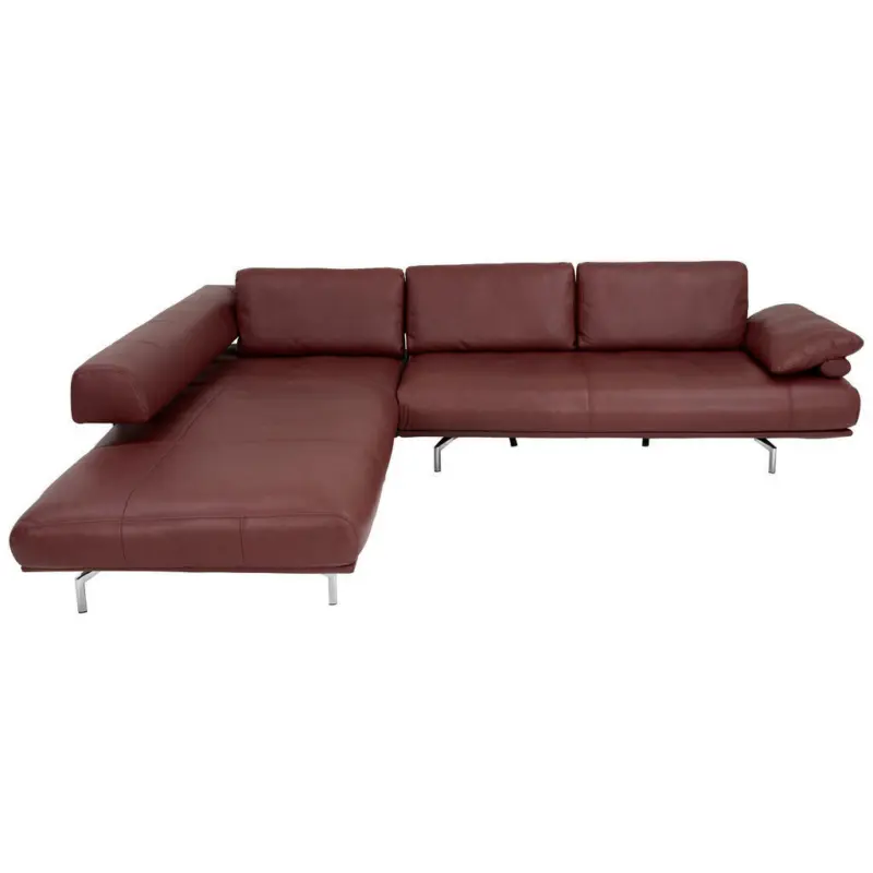 Ecksofa in Echtleder Chromfarben, Weinrot