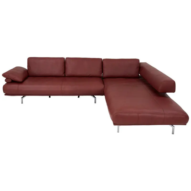 Ecksofa in Echtleder Chromfarben, Weinrot