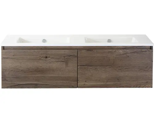 Waschbeckenunterschrank Sanox Frozen Keramik 42x141x46 cm mit Doppel-Keramikwaschbecken ohne Hahnloch tabacco