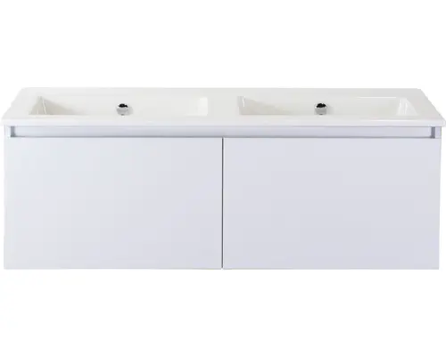 Waschbeckenunterschrank Sanox Frozen Keramik 42x121x46 cm mit Doppel-Keramikwaschbecken ohne Hahnloch weiß hochglanz