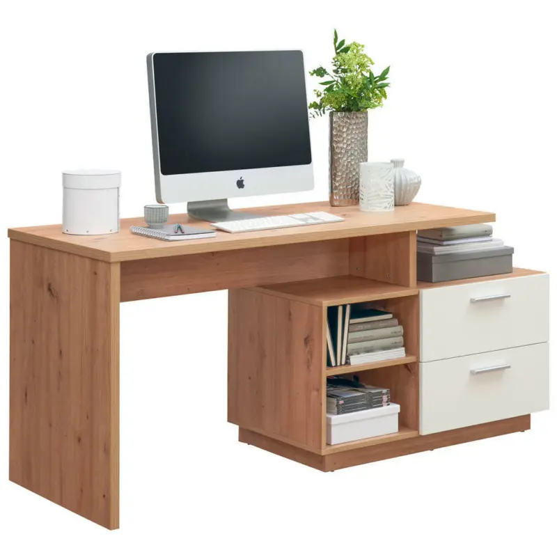 Schreibtisch 166/65/75 cm in Weiß, Eiche Artisan