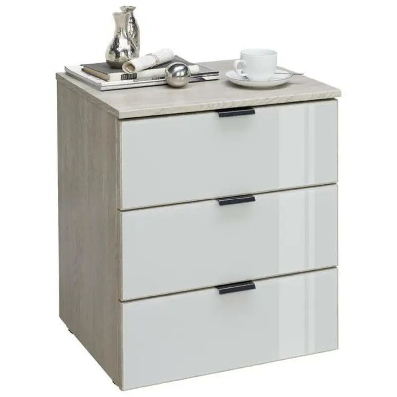 Nachtkästchen in Eichefarben, Hellgrau