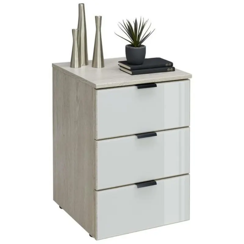 Nachtkästchen in Eichefarben, Hellgrau