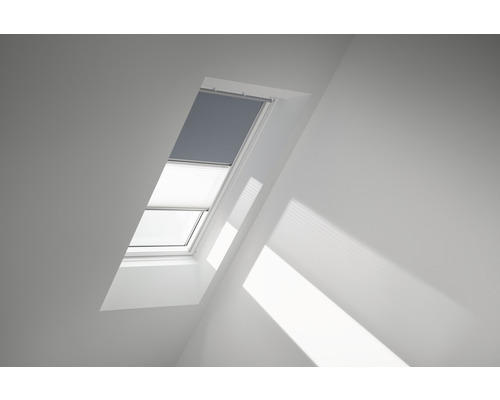 VELUX Vorteils-Set Verdunkelungsrollo uni blaugrau und Faltstore Plissee weiß manuell Rahmen weiß DFD P08 4581SWL