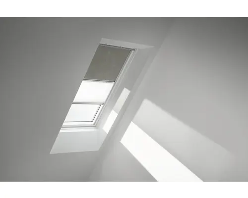 VELUX Vorteils-Set Verdunkelungsrollo olive gepunktet und Faltstore Plissee weiß manuell Rahmen weiß DFD CK02 4575SWL