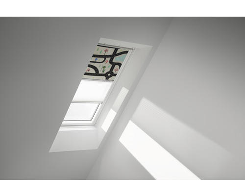 VELUX Vorteils-Set Verdunkelungsrollo Kids Straßen und Faltstore Plissee weiß manuell Rahmen aluminium DFD P10 4655S