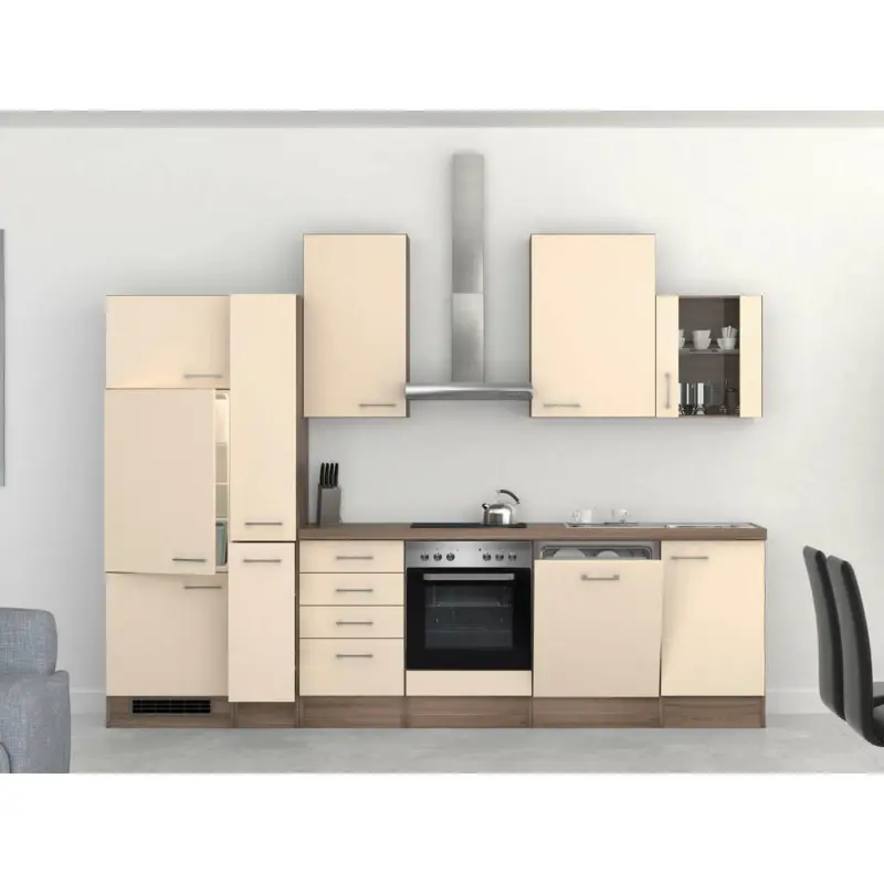 Küchenblock 310 cm in Eichefarben, Edelstahlfarben, Magnolie