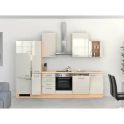 Küchenblock 310 cm in Akaziefarben, Edelstahlfarben, Perlmutt