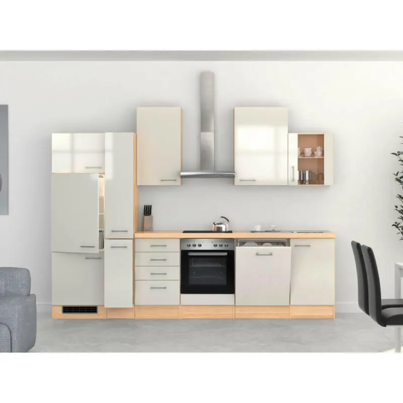 Küchenblock 310 cm in Akaziefarben, Edelstahlfarben, Perlmutt