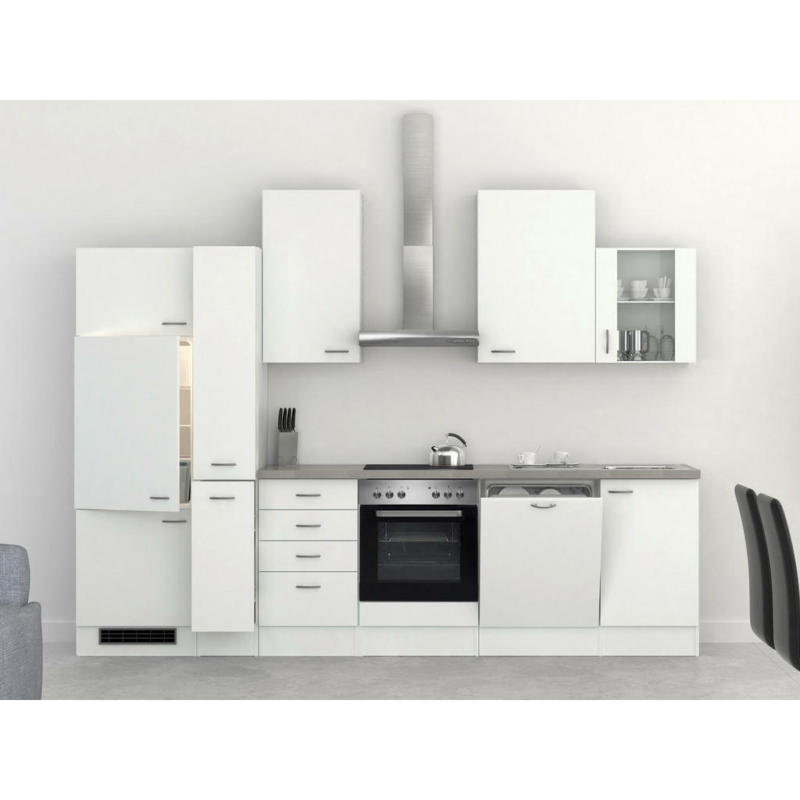 Küchenblock 310 cm in Grau, Weiß, Edelstahlfarben
