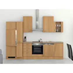 Küchenblock 310 cm in Creme, Buchefarben, Edelstahlfarben